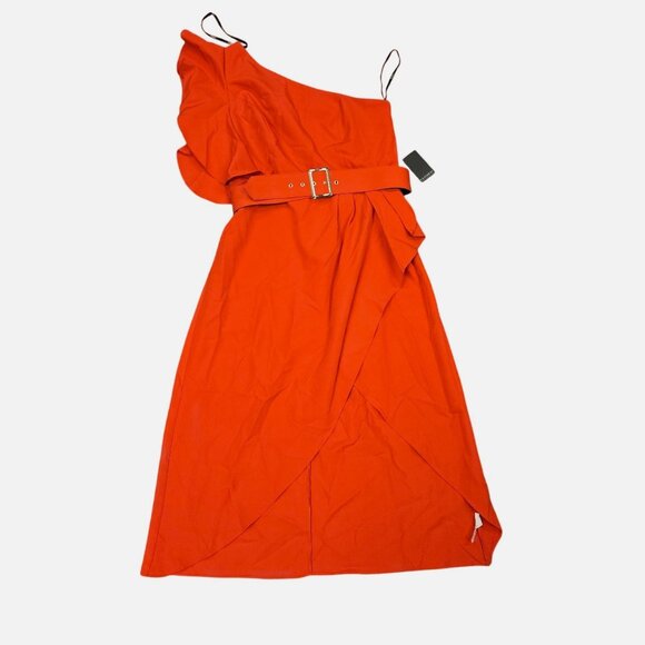 New with Flaw Eloquii Womens Red Asymmetrical Ruffle Belted Dress Size 16 - Picture 2 of 9